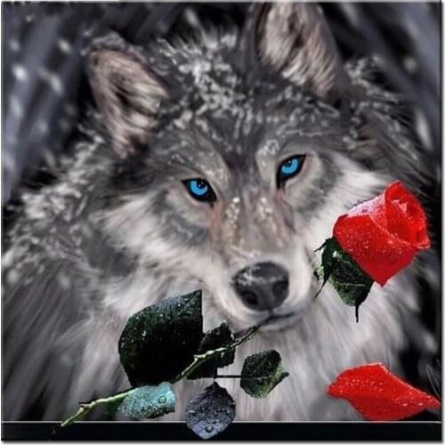 Full 5D Diy Daimond Paintings "Wolf&Roses" 3D Diamond Paintings Round Rhinestone Diamant Painting Embroidery Animal mosaic Decor