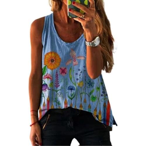 Summer Female Vest Floral Print Blouse Loose Shoulder Camisole Strap Round Neck Sleeveless Top T-shirt Women 2021