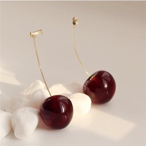 Cute Gold Color 2020 New Arrival 1Pair Earring Sweet For Women Girl Student Gift Unique Simulation Red Cherry Fruit Resin