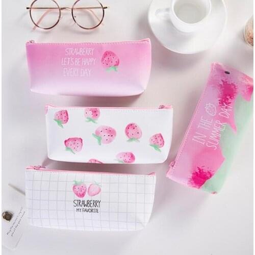 Kawaii Cute Strawberry PU Leather Pencil Case Storage Organizer Pen Bags Pouch Pencil Bag School Supply Stationery