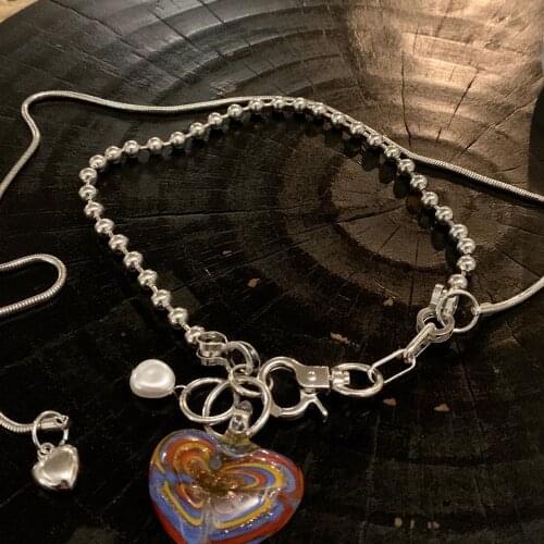 Neo-Gothic High Quality Glass Necklace Restoring Ancient Ways Female 2021 New Hearts Pearl Collar Bone Fashion Coloured Chain