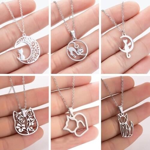 Stainless Steel Cat Necklaces Korean Kitten Jewelry Long Cat Moon Necklaces For Women Wedding Kolye Collares