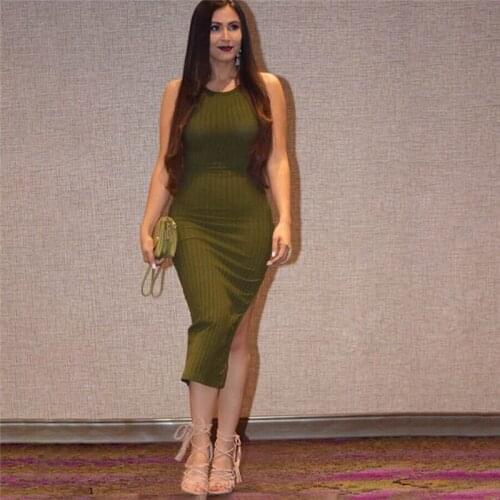 Sexy Tank Side Split Midi Dress Women Party Club Sleeveless Cotton Solid Dresses 2021 Fashion Summer Street Lady Sundress