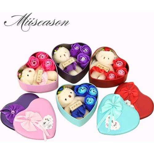 3pcs Rose Soap flower with Little Bear in Tinplate Gift Box 1set gift For Birthday Wedding Valentines Day Party Love cute Gift
