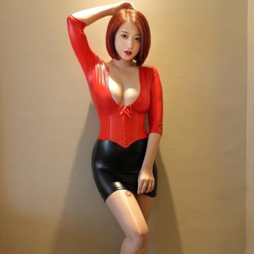 Sexy PU Patent Leather Patchwork Deep V Skinny Mini Dress with Waistband Open Chest Nightclub Shapewear Fashion Erotic Dress