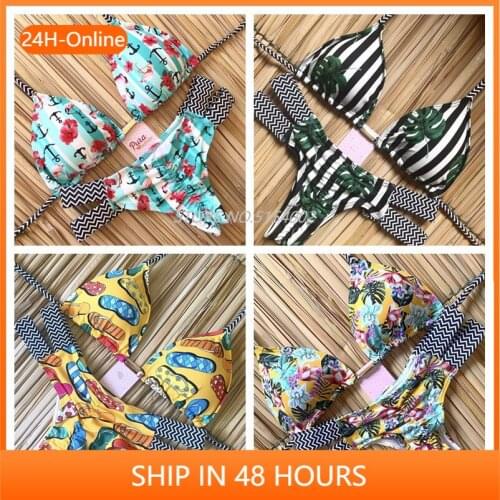 Sexy Halter Swimsuit Women Thong Micro Bikini Push Up 2020 Brazilian Bikini Tropical Plant Print Swimwear String Mini Swimsuit