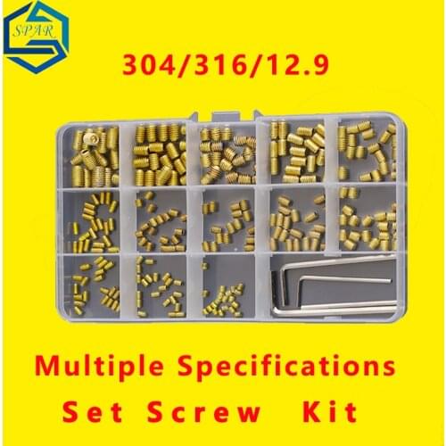Slotted Convex End Set Screws Flat Point Set Screw Concave Set Screw Cone Point Set Screws Kit Allen Screws Set 304/316/12.9