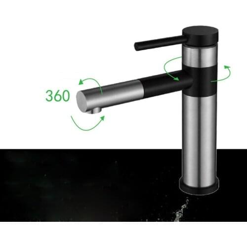 360 Degree Rotate Basin Sink Bathroom Faucet Deck Mounted Hot Cold Water Basin Mixer Taps Black Steel Lavatory Sink Tap Crane