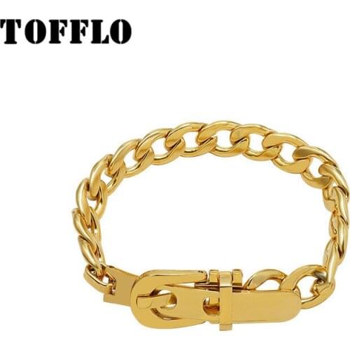 TOFFLO Stainless Steel Jewelry Thick Link Chain Press Button Watch Strap Buckle Bracelet Women Cool Hand Accessories BSE199
