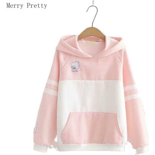 Cartoon Embroidery Funny Hoodies For Women Long Sleeve Patchwork Hooded Sweatshirts Sweet Style Hit Color Cotton Tracksuits