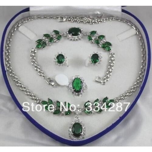 Fine jewelry green zircon White gold Necklace Bracelet Earring Ring