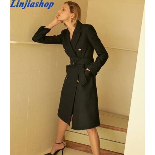 Womens windbreaker Za Office Lady Double Breasted Sashes trench coat Long Solid Black Autumn Female Mujer tops