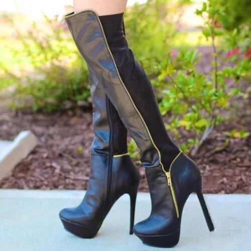 LAIGZEM Botines Mujer Women Thigh High Boots Elastic Wide Calf Platform High Heels Long Tall Party Club Shoes Large Size 34-52