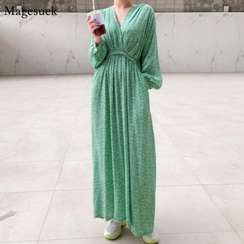 Summer Autumn Women Dress Puff Long Sleeve V-neck Floral Dress Korean Chic Casual Print Long Dress Double Pockets Vestido 15234