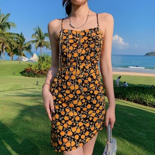 Fashion Summer Vintage Strap Sleeveless Mini Party Dress Ladies Elegant Casual Floral Print Patchwork Chain Asymmetrical Dress