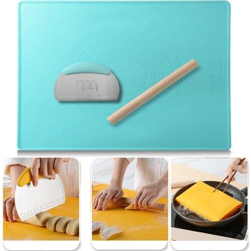 3PC Silicone Food Grade Baking Mat Non Stick Pastry Rolling Dough Kneading Pad Wooden Rolling Pin Dough Scraper placemats table