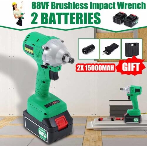 88VF Brushless Electric Impact Wrench High Torque Rechargable 15000mAh Li-ion 2 Batteries Cordless Impact Wrench with LED lights