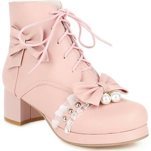 Winter Women Pink Lolita Boots Student Girls Warm Shoes Female Martin Princess Snow Boots with Sweet Lace Bow Plus Size 34-46