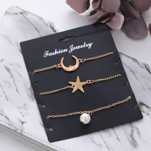 3 pcs/set Simulated Pearl Pendants Bracelets Sets Star Moon Link Chain Bracelet Set For Women Girls Anklets Gold Color Bangle