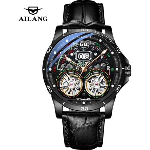 2021 New Mechanical Hollow Mens Watch Stainless Steel Automatic Black Dial Double Tourbillon Sports Waterproof Luminous AILANG