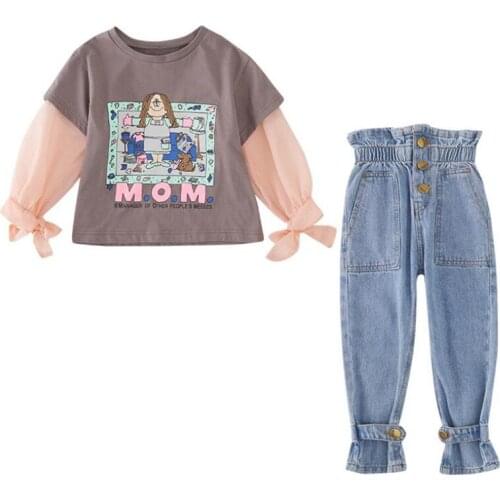 DFXD Big Girls Clothing Sets 2019 Autumn Korean Bow Long Sleeve Cartoon Tops+High Waist Jeans 2pc Fashion Clothes Suit For 3-12Y