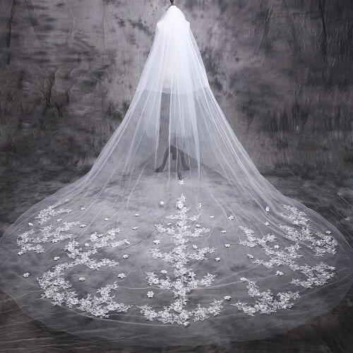 Long Lace Wedding Veil with Comb 2 Layers Flower Lace Bridal Veil 3 Meters 2 T White Ivory Cover Face Veil with Blusher