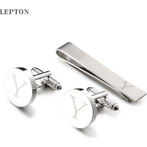 Hot Sale Round Letters Y Cufflinks for Mens Silver Color Letters Y of alphabet Cuff links & Tie Clip Set Men Shirt Cuffs Button