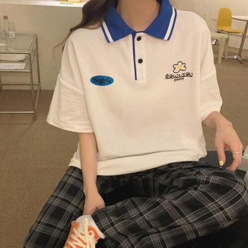 Cotton summer Harajuku style polo shirt lapel loose short-sleeved T-shirt female large size college style all-match