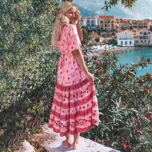 Jastie Women Autumn Dress 2020 Boho Pull Sleeve Long Dress Retro Floral Print Maxi Dress V-Neck Bandage Elegant Dresses Vestidos