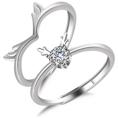 Fashion Cute Elk Crystal Couple Ring Opening For Women Men Lovely Animal Adjustable Finger Jewelry Valentines Day Party Gifts