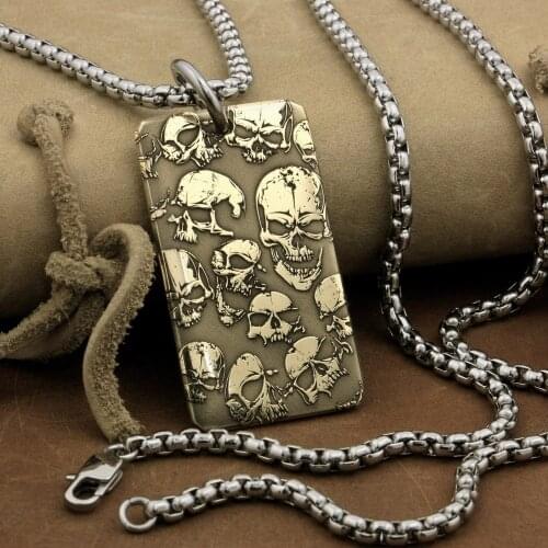 LINSION High Detail 2-side Deep Engraved Brass Skuls Dogtagl Pendant Biker Rock Punk Style 9X032B Steel Necklace 24 inches