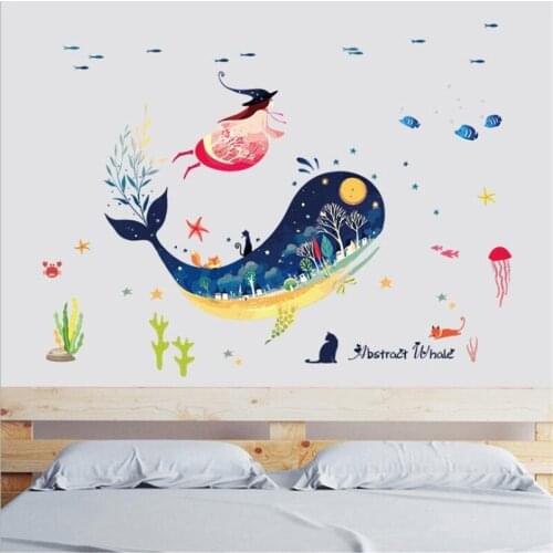 Cartoon fantasy whale wall sticker living room bedroom wall decoration modern art mural kids room decoration