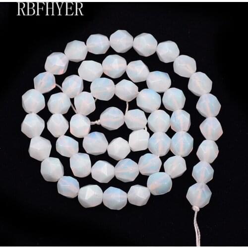 RBFHYER Natural Stone Big Faceted White Opal Stone Beads 8MM Loose beads for Jewelry Making DIY Women charm Bracelet Necklace