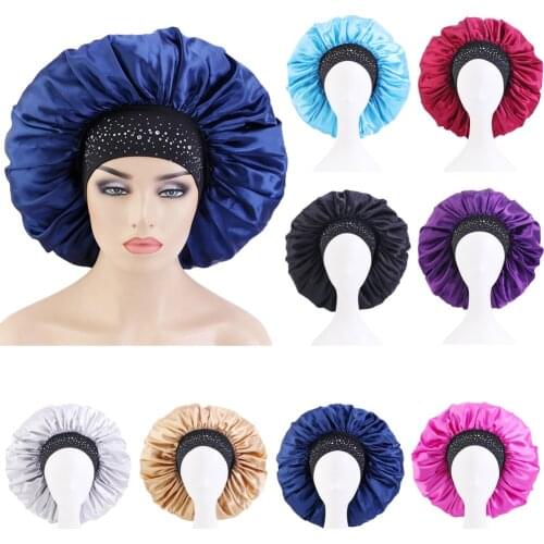 New Fshion Women Satin Night Sleep Cap Hair Bonnet Hat Silk Head Cover Wide Elastic Band Rhinestone Sleeping Caps Headwear Wrap