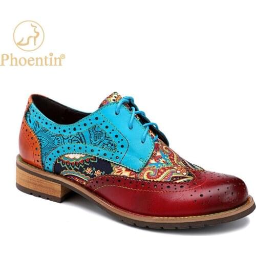 Phoentin Vintage Carved brogues Loafers Shoes For Women Genuine Leather British Lace Up Brogues low heels Retro Shoes FT1319