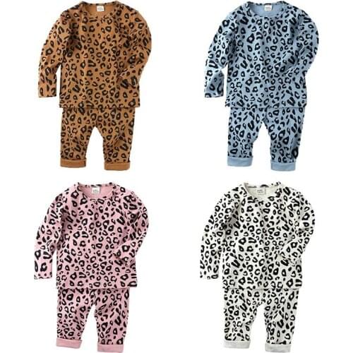 Children Leopard Print Stretch Home Clothes Baby Girl Pajamas New High Waist Warm Set Kid Boy Long Sleeve Tops Trousers Outfit
