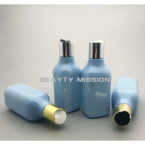 200ML 24pcs/lot Lake Blue Square Plastic Bottle With Gold/Silver Disc Top Cap,Shampoo Packaging Bottle, Empty Cosmetic Container