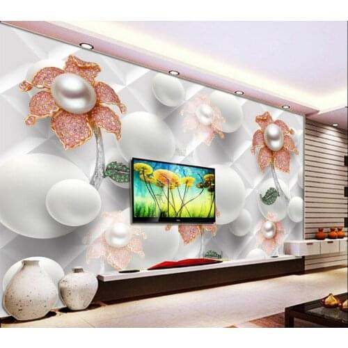 Custom Wall Mural Wallpaper Luxury European Style 3D Stereoscopic Pearl Flowers Diamond Jewelry Wall Painting Living Room