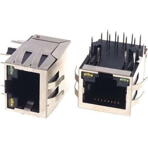 RJ45 Module Jack Tab Down 1 Port Shielded EMI Finger Magnetics Green Yellow LED Right Angle Through Hole 10/100/1000 Base-T
