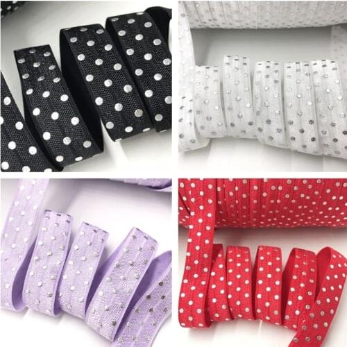 5/8" (5 yards/lot) Silver Polka Dot Print Shiny Fold Over Elastics FOE Spandex Band Hair Tie Headband Dress Lace Trim Sewing
