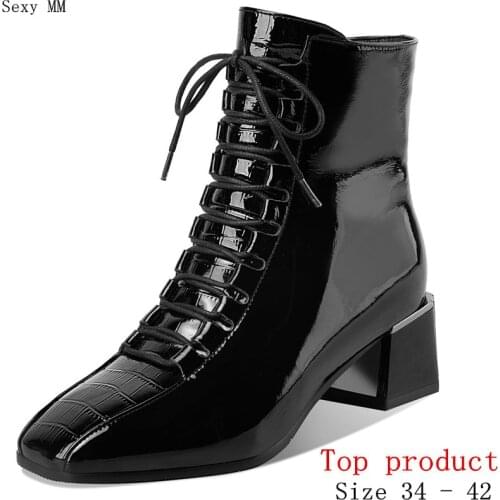 Spring Autumn Med High Heels Women Ankle Boots Woman Short Boots Med Heel Shoes Genuine Leather Small Plus Size 34 - 40 41 42
