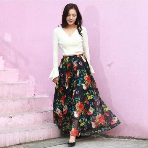 Factory Digital Print Floral Long Skirt For Woman Maxi Skirt Floral Print Beach Skirt Female Chic Vintage Plus Size Maxi Skirts