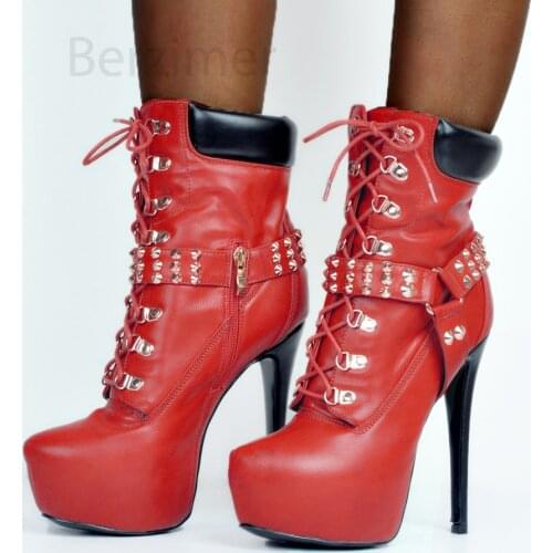 BERZIMER Studded Platform Ankle Boots for Women Lace Up Heels Booties Punk Zapatos Mujer Shoes Woman Large Size 45 49 50 52