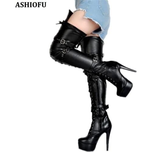 ASHIOFU Handmade Womens High Heel Thigh High Boots Sexy Night-club Party Over Knee Boots Evening Winter Fashion Long Boots Shoes