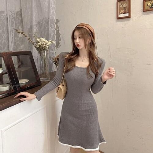 Korean Ladies Fashion Sexy knitting Dresses 2021 Autumn New Women Screw Thread Backless Solid color Long sleeve Mermaid Skirt