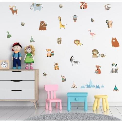 29pcs/set Funny Animals Indian Tribe Wall Stickers Cartoon Owl Lion Bear Fox Decals for Kids Rooms Home Decor Mural Art Fun Life