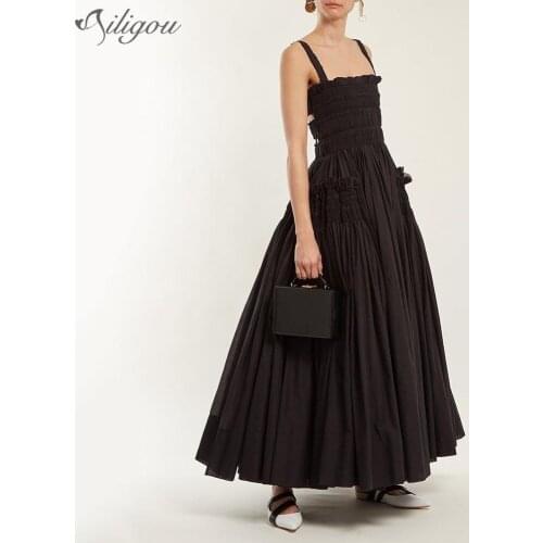 Ailigou 2021 Summer Fashion New Solid Color Casual WomenS Black Suspender Halter Hollow Pleated A-Line Sexy Party Dress