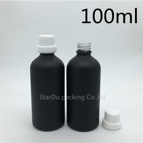 Free Shipping 200pcs 100ML Black Frosted Glass Bottle 100ml Vials Essential Oil Bottle white tamper evident cap Perfume bottle