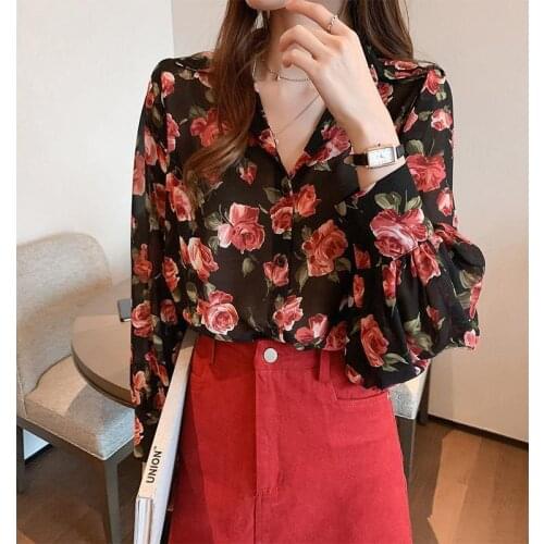 Blouse Women Spring and Summer Retro Loose Flower Top Long Sleeve Chiffon Shirt plus Size Blusas Ropa De Mujer