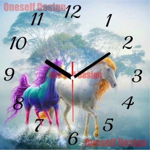 Great 5d diamond embroidery full set with clock colorful horse diamond mosaic animal horse rhinestone pictures decoration home